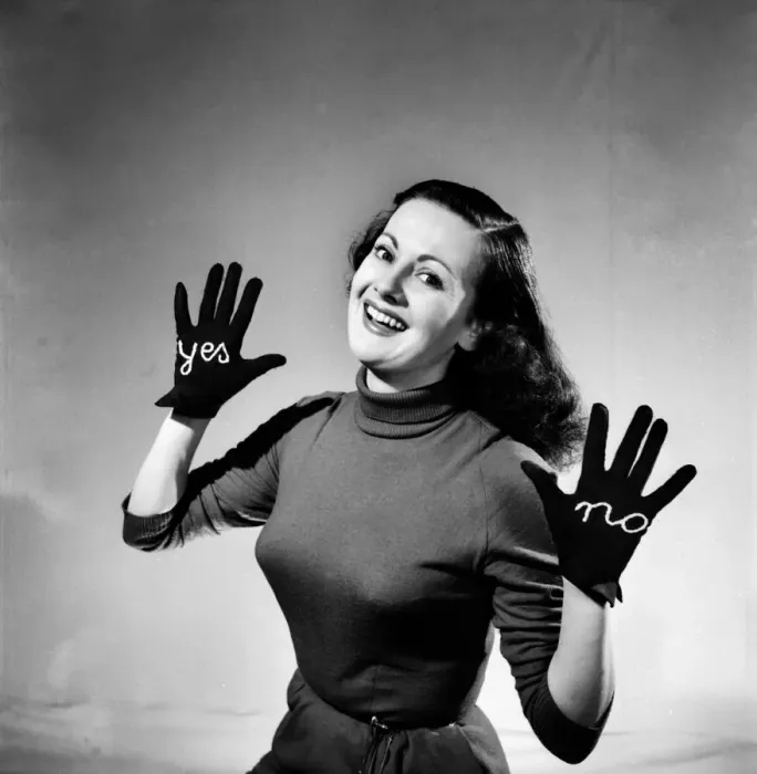 Framed Print : Woman modelling Yes-No Glove. December 1952 C6269-001