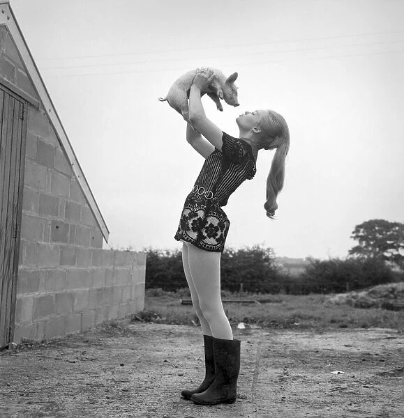Woman with pig at her relatives farm. October 1969 Z10481-007