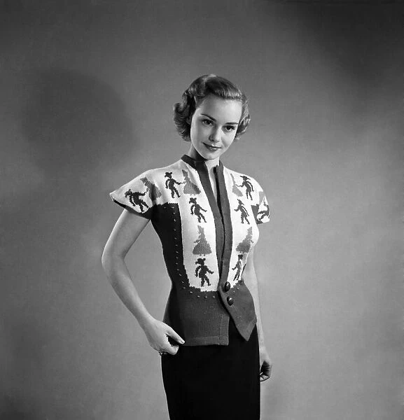 Woman poses wearing a Square Dance Jumper. February 1952 C6277