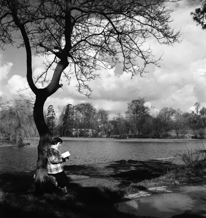 Framed Print : Woman reading her book by the lake in the park at St. Albans. March 1952 C1266-003 Framed Print : Woman reading her book by the lake in the park at St. Albans. March 1952 C1266-003