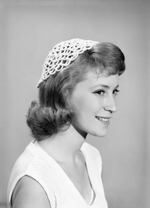 Framed Print : Woman wearing pipe clearner hat. July 1956
