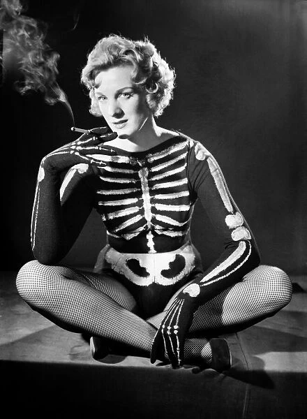 Woman wearing Skeleton outfit. October 1959