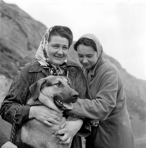 Two women adopt an abandon Alsatian dog. October 1961