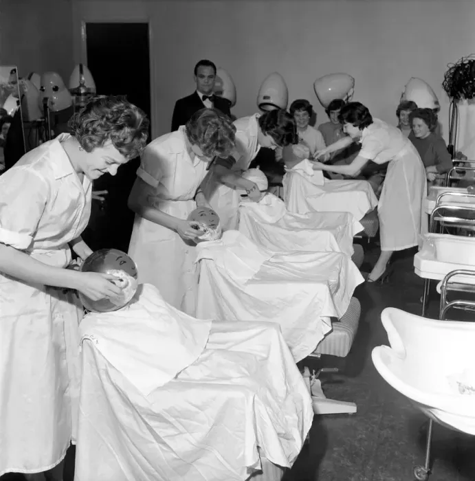 Framed Print : Women barbers training with cut throat razors, learn how to shave by using balloons
