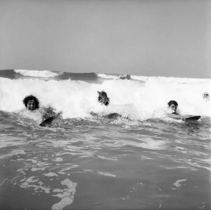 Framed Print : Women body boarding in the surf at Newquay June 1960 M4303 Framed Print : Women body boarding in the surf at Newquay June 1960 M4303
