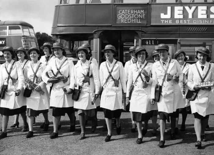 Framed Print : Women conductresses ready for work. a fine lot of girls off for the start of their new Framed Print : Women conductresses ready for work. a fine lot of girls off for the start of their new