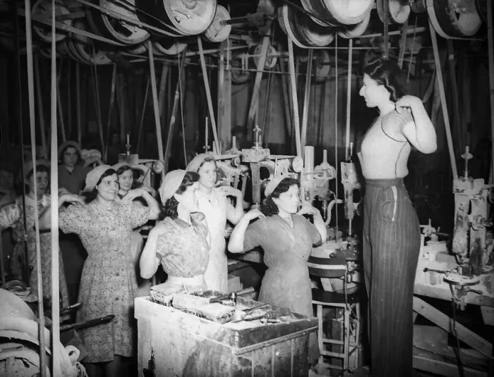 Framed Print : Women doing Physical excercises in a Factory before starting work in a factory 1941 women