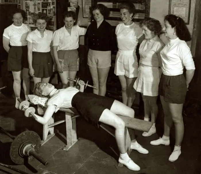 Framed Print : Women Exercising - July 1954 Stretching weight lifting