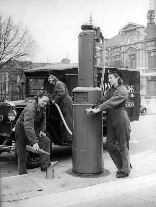 Framed Print : Women Garage Workers filling van with petrol in 1941 women doing mens jobs during Framed Print : Women Garage Workers filling van with petrol in 1941 women doing mens jobs during