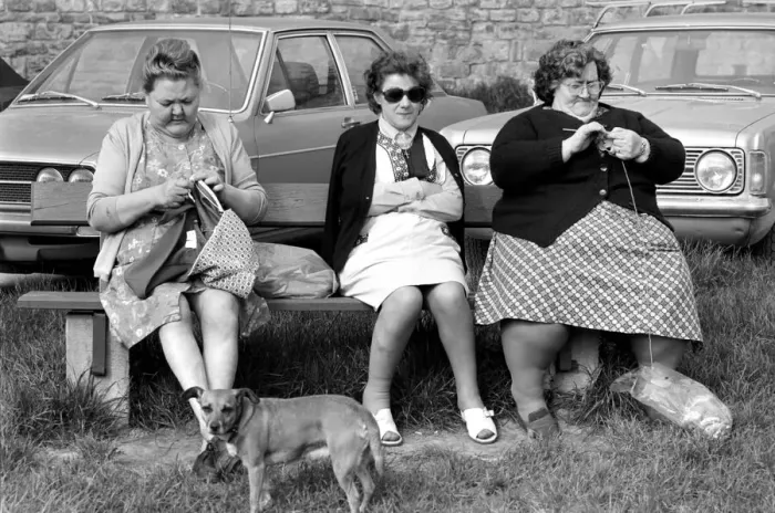 Framed Print : Three women with larger figures seen here knitting whilst their children play in a poorer Framed Print : Three women with larger figures seen here knitting whilst their children play in a poorer