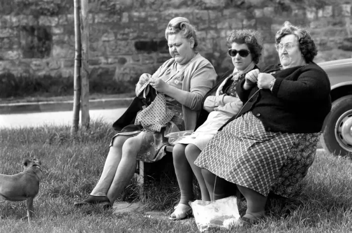 Framed Print : Three women with larger figures seen here knitting whilst their children play in a poorer Framed Print : Three women with larger figures seen here knitting whilst their children play in a poorer