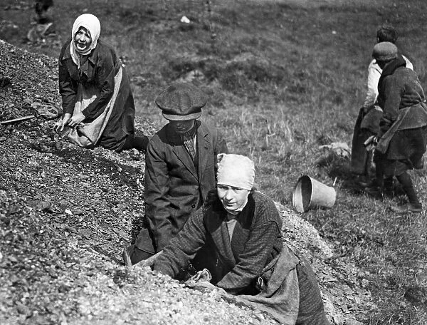 Women with scarves around their heads and a man search a spoil heap near Manchester in a