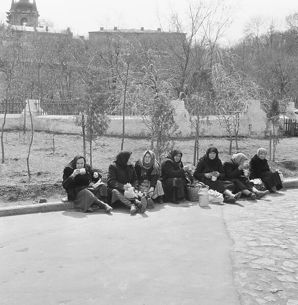 Women workers enjoy their lunch break in a Kiev park, Ukraine, USSR