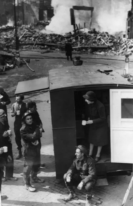 Framed Print : Womens Voluntary Service members serving tea to the firefights Framed Print : Womens Voluntary Service members serving tea to the firefights