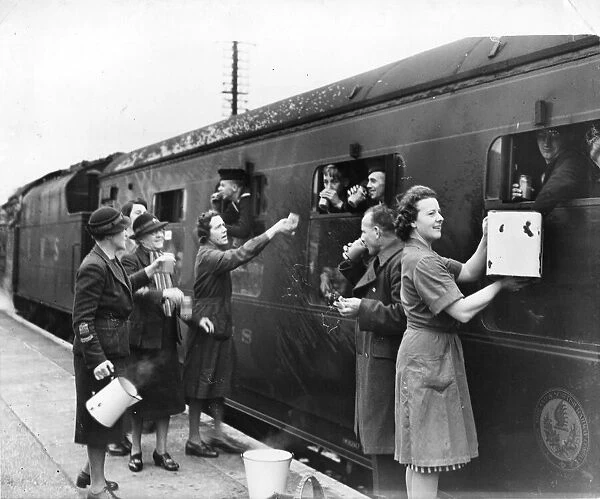 Womens Voluntary Service (WVS) serving tea at Carnforth Railway Station. Lancashire