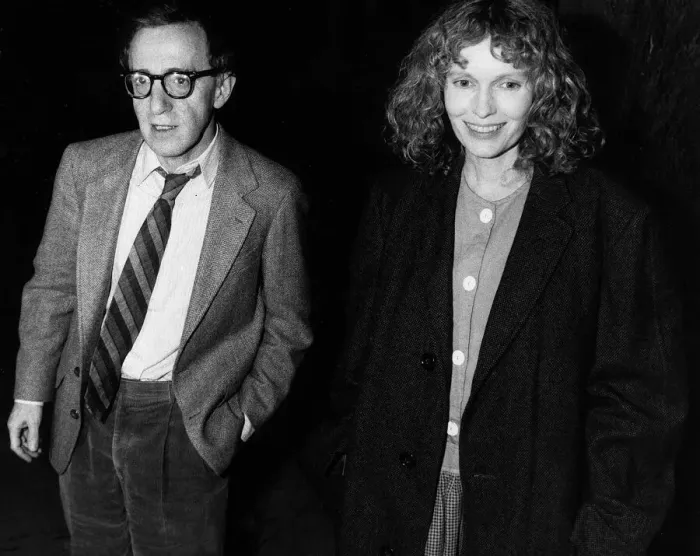 Framed Print : Woody Allen film director actor and partner Mia Farrow in March 1986 leaving restraunt in Framed Print : Woody Allen film director actor and partner Mia Farrow in March 1986 leaving restraunt in
