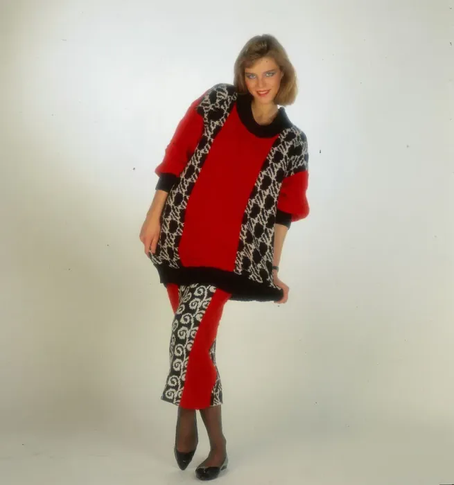 Framed Print : Woollens fashion, November 1985 Female model wearing red woollen tunic with top Framed Print : Woollens fashion, November 1985 Female model wearing red woollen tunic with top