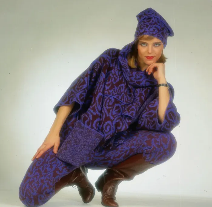 Framed Print : Woollens fashion, November 1985 Female modelling woollen outfit