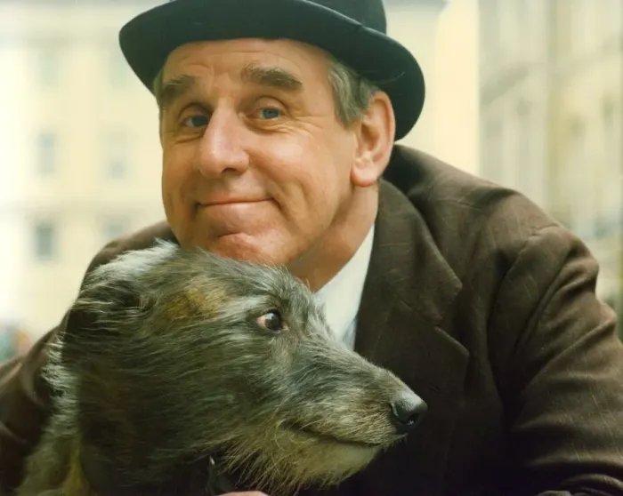 Framed Print : Wooly the RSC dog, Lurcher, with stage master actor Richard Moore Framed Print : Wooly the RSC dog, Lurcher, with stage master actor Richard Moore