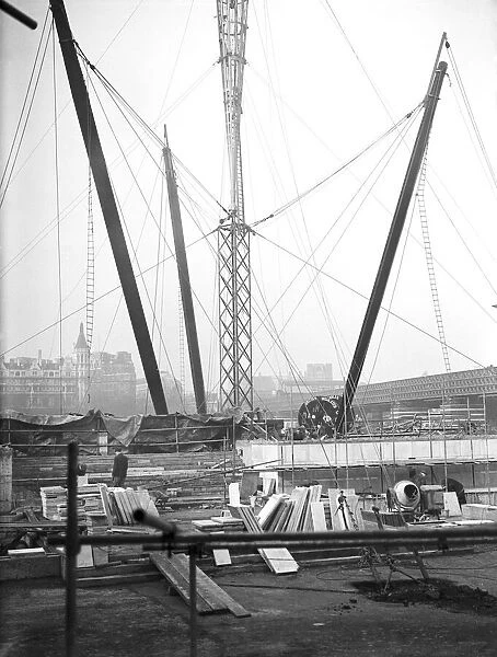 Work in progress on The Skylon, a vertical feature of The Festival of Britain