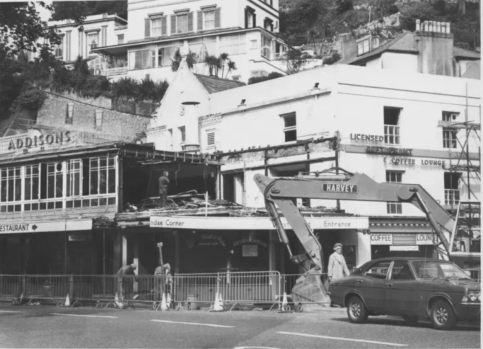 Framed Print : Work underway demolishing Addison cafe in Cary Parade, Torquay Circa 1973 Framed Print : Work underway demolishing Addison cafe in Cary Parade, Torquay Circa 1973