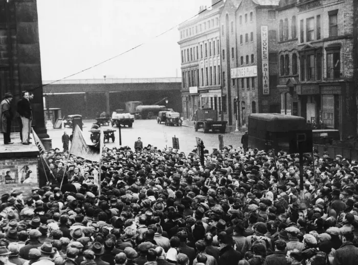 Framed Print : Workers from an aircraft factory in Liverpool demonstrating against their impending Framed Print : Workers from an aircraft factory in Liverpool demonstrating against their impending
