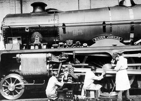 Workers chromium plating parts of the Silver Jubilee engine at Crewe LMS Works