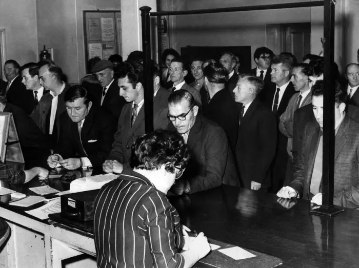 Framed Print : Workers employed by Hoover Ltd sign on for unemployment benefit at Merthyr Employment Framed Print : Workers employed by Hoover Ltd sign on for unemployment benefit at Merthyr Employment