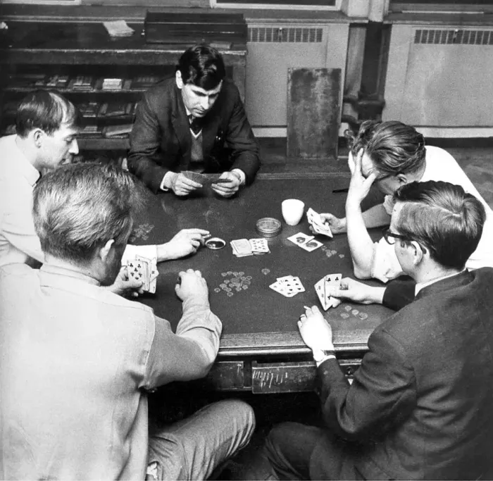 Framed Print : Workers gambling in their lunch break by playing cards for money in June 1968