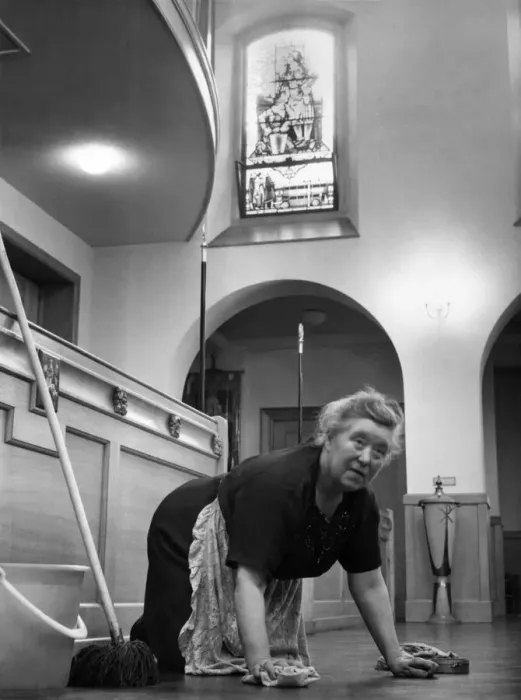 Framed Print : Workers are Honoured in glass, Mrs. Mopp has been given a place of honour in a new church Framed Print : Workers are Honoured in glass, Mrs. Mopp has been given a place of honour in a new church