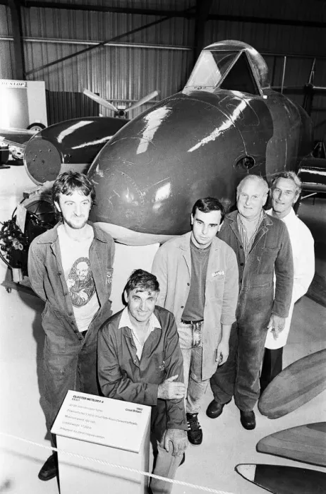 Framed Print : Workers posing with their lovingly restored Gloster Meteor as the 45 year old plane goes Framed Print : Workers posing with their lovingly restored Gloster Meteor as the 45 year old plane goes