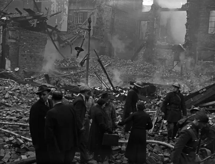 Framed Print : Workers survey the damage Smallbrook Street, Birmingham Framed Print : Workers survey the damage Smallbrook Street, Birmingham