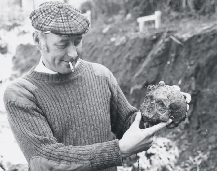 Framed Print : A workman with the skull uncovered when building the new Herald Express office on Barton Framed Print : A workman with the skull uncovered when building the new Herald Express office on Barton