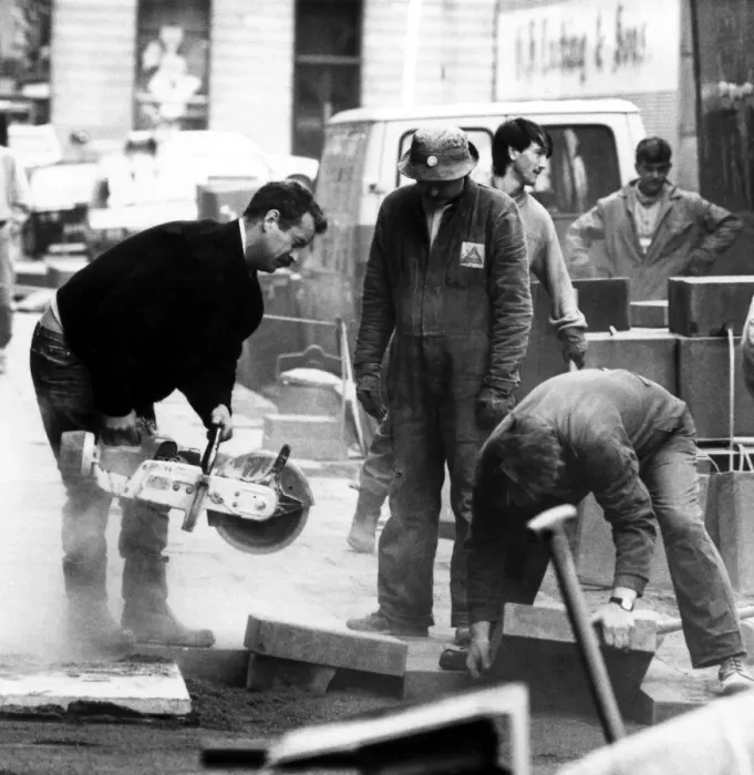 Framed Print : Workmen busy at some roadworks beside Newcastles Theatre Royal on 4th March 1989 Framed Print : Workmen busy at some roadworks beside Newcastles Theatre Royal on 4th March 1989