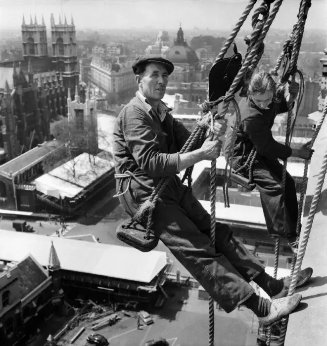 Framed Print : Workmen seen here Cleaning the face of Big Ben. May 1953 D2335 Framed Print : Workmen seen here Cleaning the face of Big Ben. May 1953 D2335