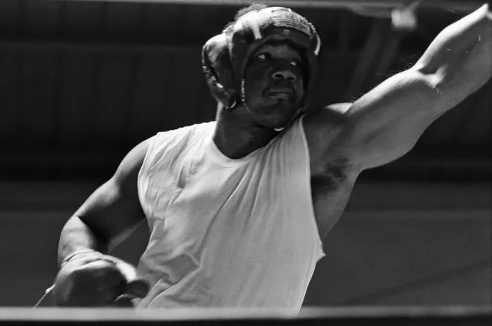 Framed Print : World boxing champion George Foreman trains at the Farigrounds in Pleasanton Framed Print : World boxing champion George Foreman trains at the Farigrounds in Pleasanton