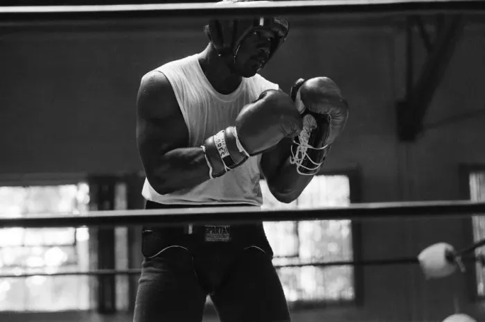 Framed Print : World boxing champion George Foreman trains at the Farigrounds in Pleasanton Framed Print : World boxing champion George Foreman trains at the Farigrounds in Pleasanton