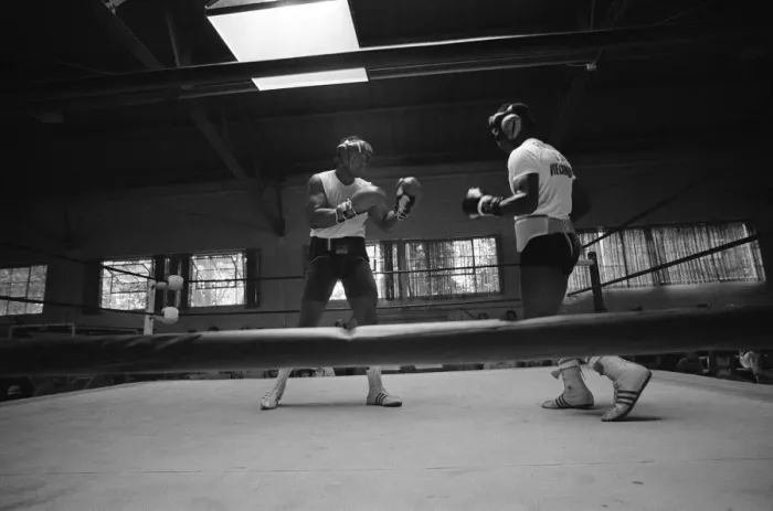 Framed Print : World boxing champion George Foreman trains at the Farigrounds in Pleasanton