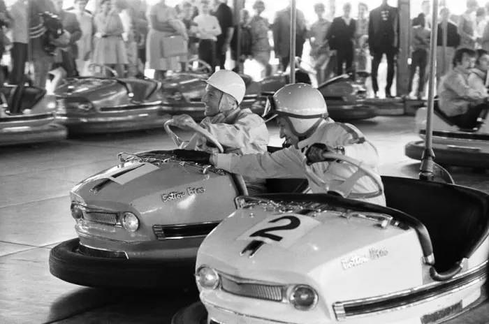 Framed Print : World Champions on the Dodgems. Appearing in a new Granada TV fun show called