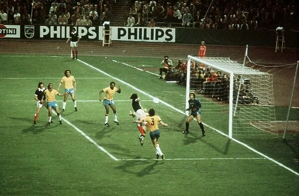 World Cup 1974 Scotland Brazil Joe Jordan heading ball at goal football