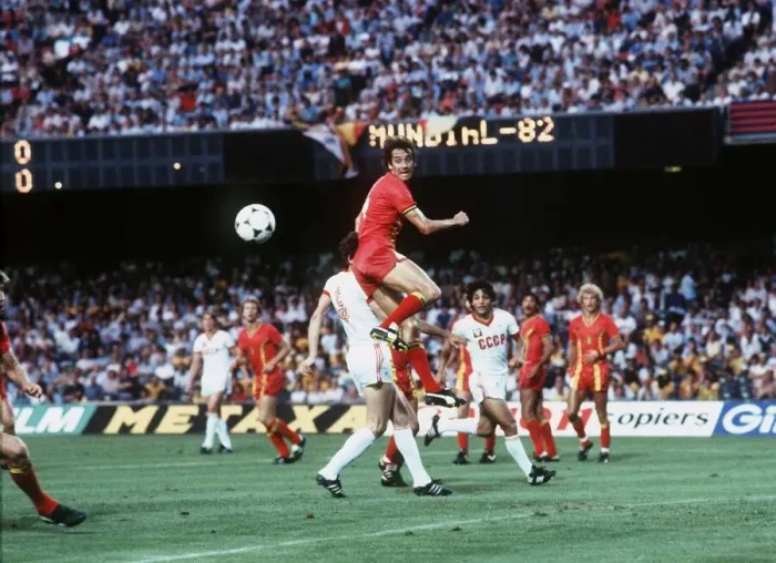 Framed Print : World Cup 1982 Belgiun 0 USSR 1 Belgium repel another soviet attack on goal Framed Print : World Cup 1982 Belgiun 0 USSR 1 Belgium repel another soviet attack on goal