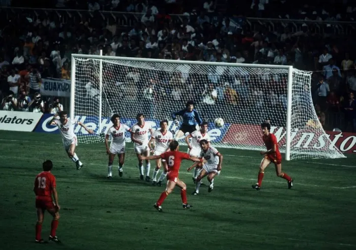 Framed Print : World Cup 1982 Belgiun 0 USSR 1 Frank Vercauteren tees up a volly Framed Print : World Cup 1982 Belgiun 0 USSR 1 Frank Vercauteren tees up a volly