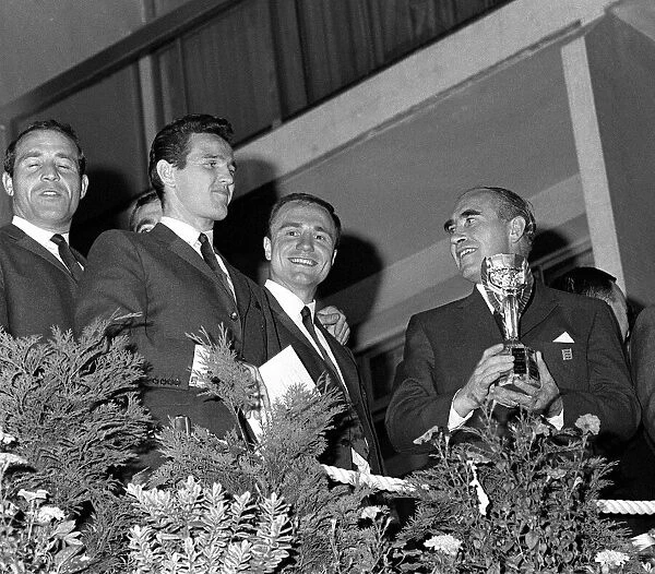World Cup Banquet July 1966 Alf Ramsey holding the World Cup Trophy which