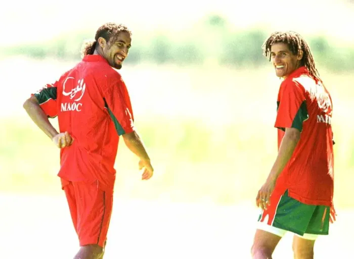 Framed Print : World Cup France 1998 Football Morocco players Hadji during training with a team mate Framed Print : World Cup France 1998 Football Morocco players Hadji during training with a team mate