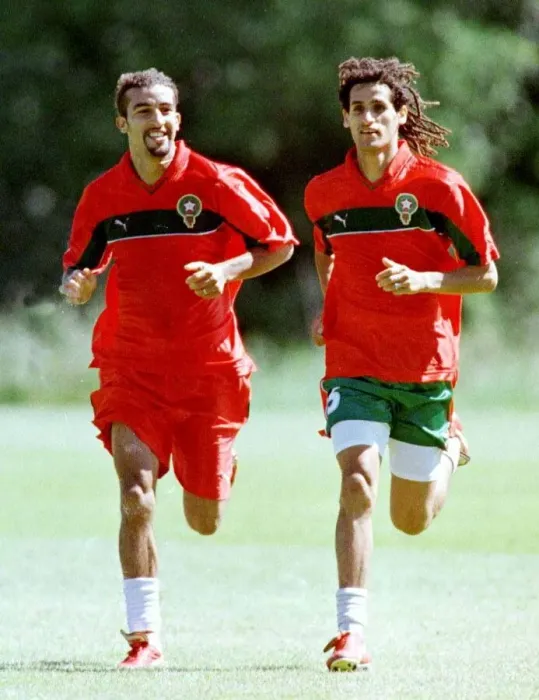 Framed Print : World Cup France 1998 Football Morocco players Hadji during training with a team mate Framed Print : World Cup France 1998 Football Morocco players Hadji during training with a team mate