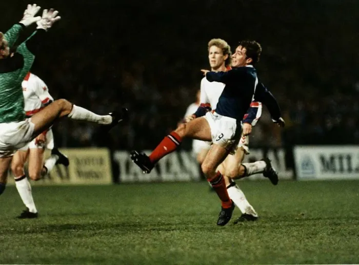Framed Print : World Cup Qualifying Round 1990 Scotland v Norway Ally McCoist shoots Framed Print : World Cup Qualifying Round 1990 Scotland v Norway Ally McCoist shoots