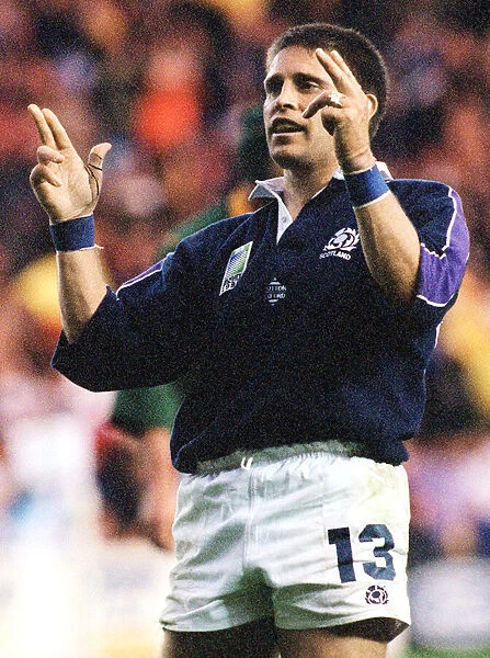 World Cup Rugby 1999. Alan Tait delight after scoring try for Scotland