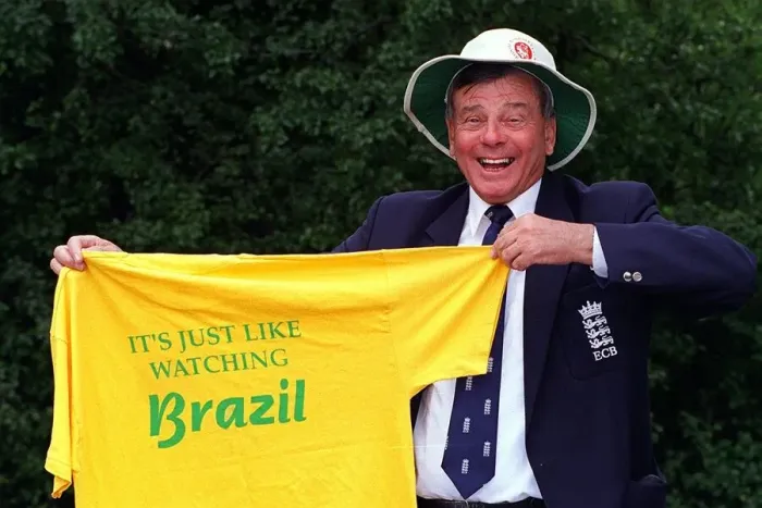 Framed Print : World famous cricket umpire Harold Dickie Bird holding a T-Shirt that barnsley fanswear Framed Print : World famous cricket umpire Harold Dickie Bird holding a T-Shirt that barnsley fanswear