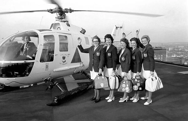 World Ten Pin Bowling Champs. Womens team arrive by helicopter. January 1975 75-00256