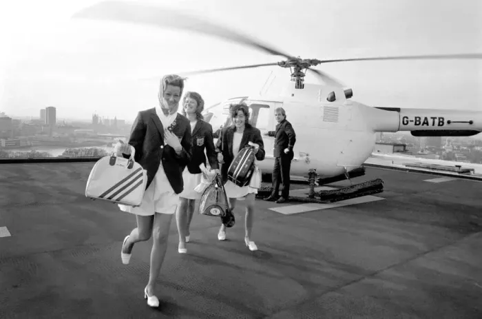 Framed Print : World Ten Pin Bowling Champs. Womens team arrive by helicopter. January 1975 75-00256-002 Framed Print : World Ten Pin Bowling Champs. Womens team arrive by helicopter. January 1975 75-00256-002